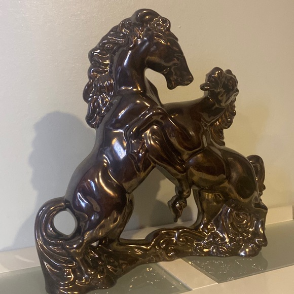 Mid-Century Fighting Stallions Statue Ceramic Bronze Glaze-Vintage 1960’s - Picture 4 of 13